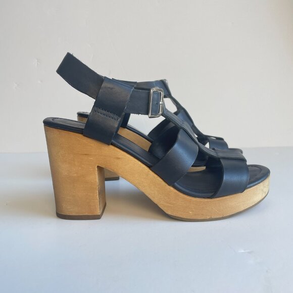 A.P.C. Navy Platform Sandals with Wood Block Heels - Picture 3 of 16